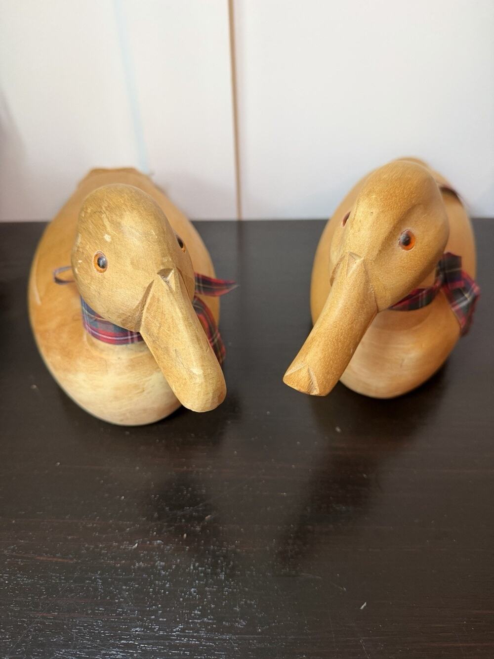 Set of 2 Vintage Hand Carved Solid Wood Wooden Duck Decoy Glass Eyes Cottagecore